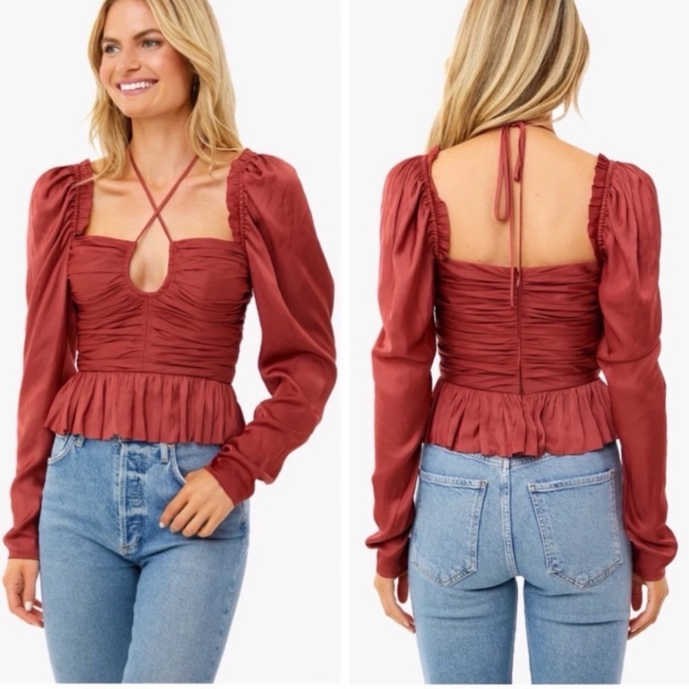 Ulla Johnson Rust Red Ruched Peplum Long Sleeve Blouse
